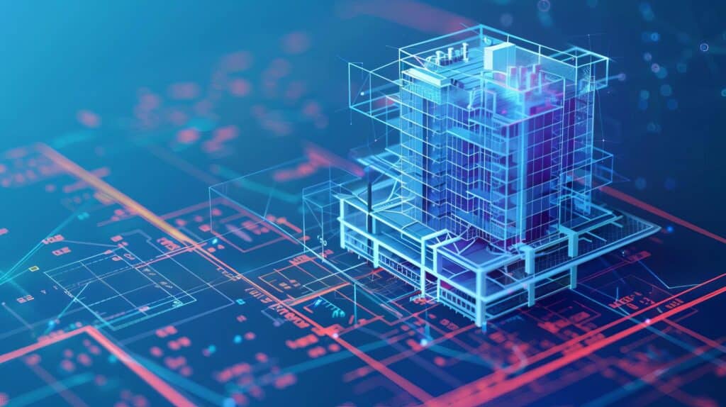 Ein futuristisches Gebäudedesign über digitalen Plänen, das die Integration moderner Technologien in die Architektur darstellt. SFP-Module unterstützen die Netzwerkinfrastruktur für smarte und vernetzte Gebäude.