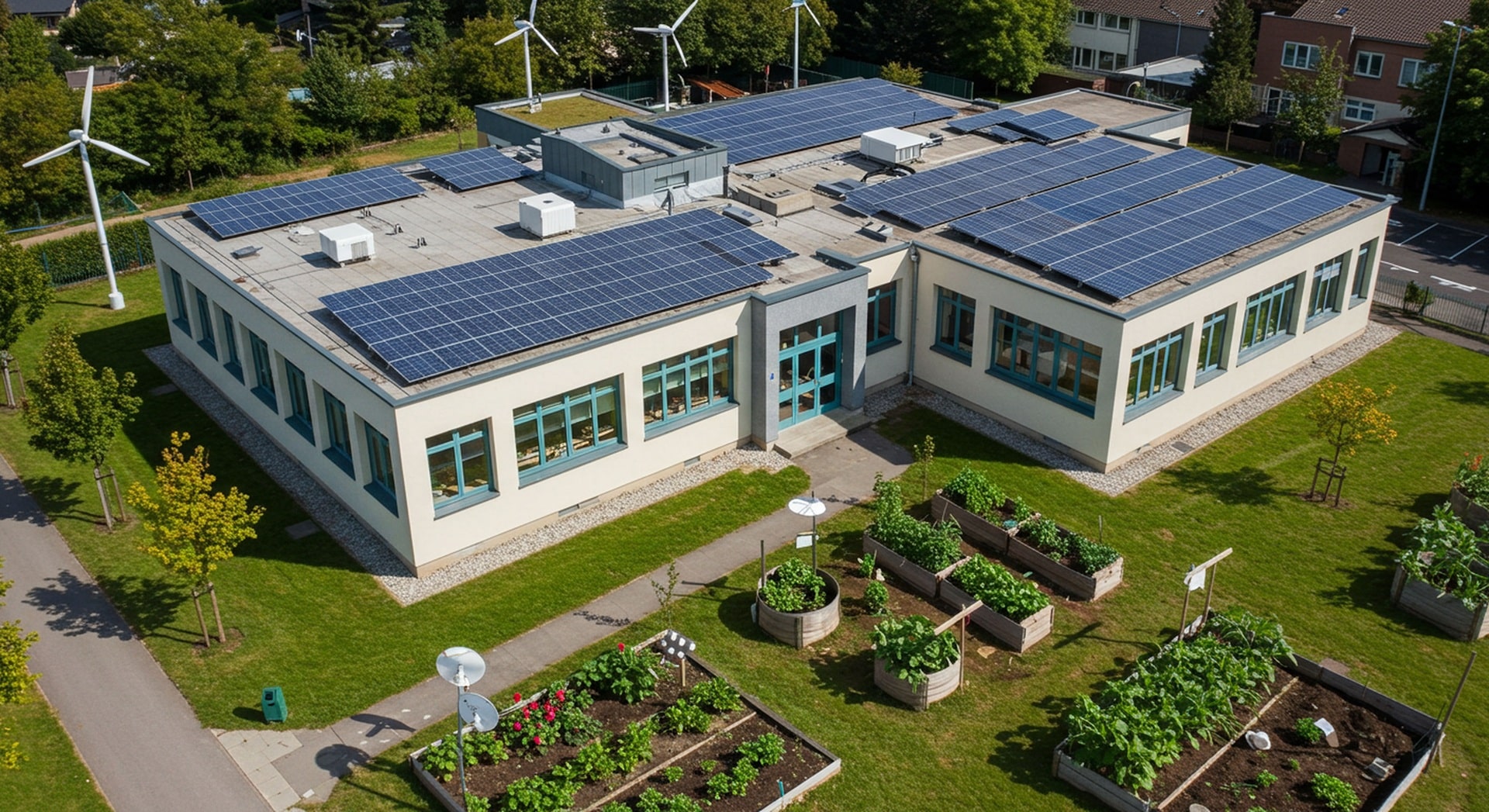 Gebaeude mit Solaranlage und Garten | Firmenschilder