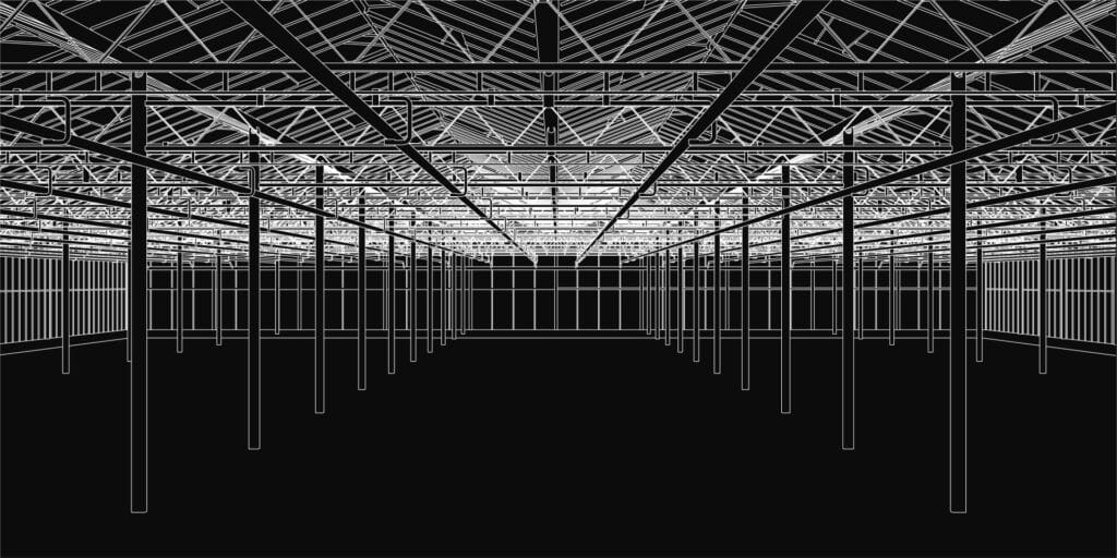 Visualisierung einer offenen Tragstruktur in moderner Hallenarchitektur – minimalistisch und technisch
