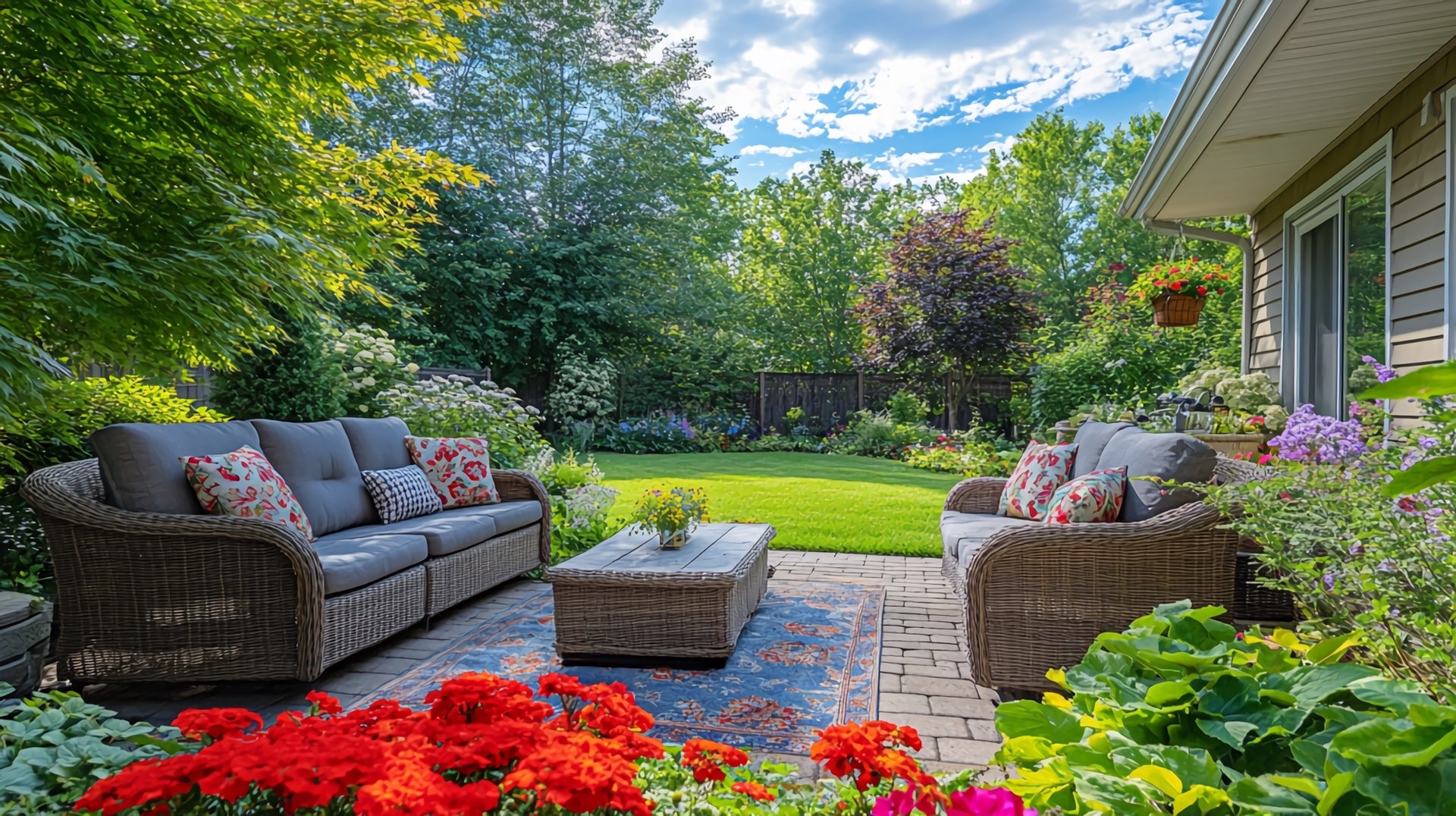 Sitzgruppe aus Rattan im blühenden Garten | Terrassenstühle