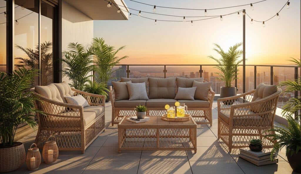 Elegante Sitzgruppe auf Dachterrasse bei Sonnenuntergang | Terrassenstühle